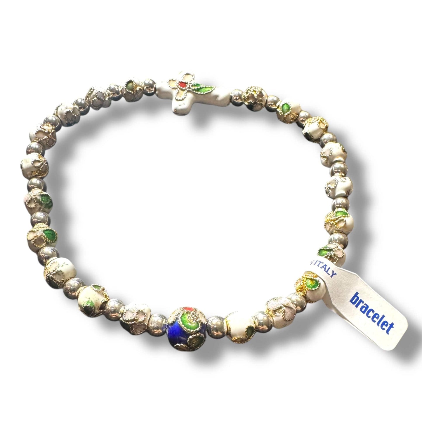 White Elastic Stretch Bracelet - Cloisonne - Blessed By Pope - Catholic | Catholically