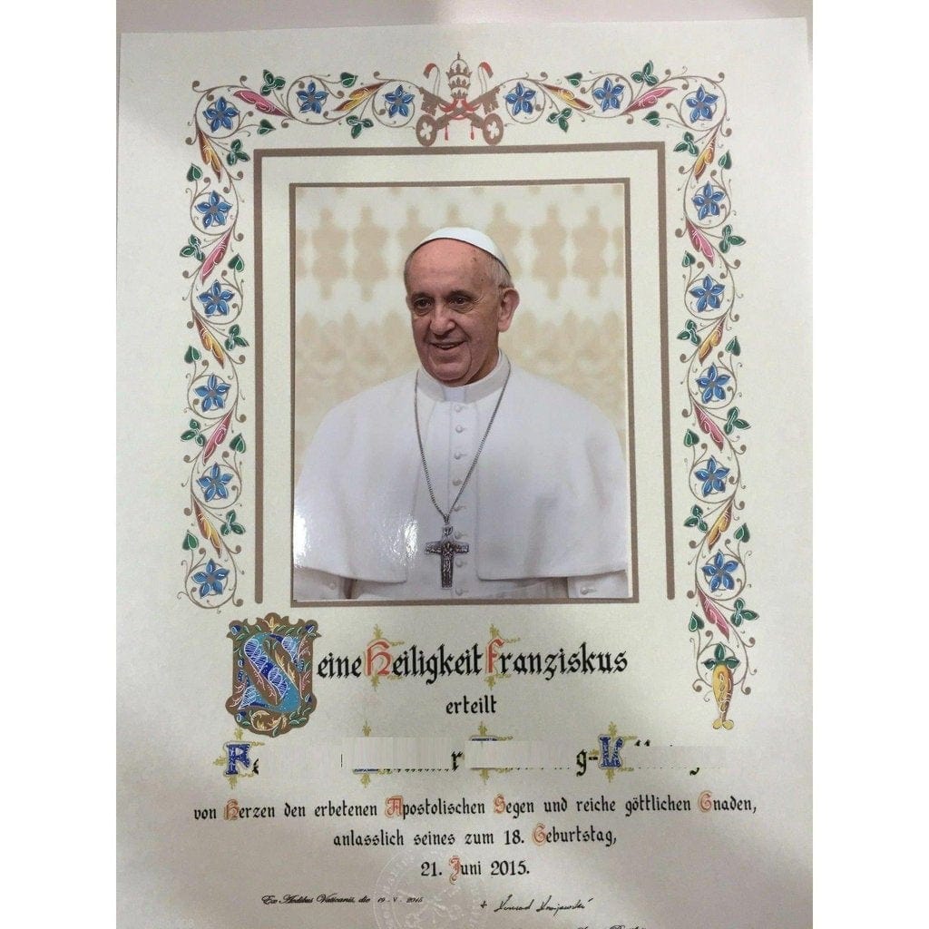 Handwritten Pope Francis Papal Apostolic Blessing- Papst Apostolischen Segen | Catholically