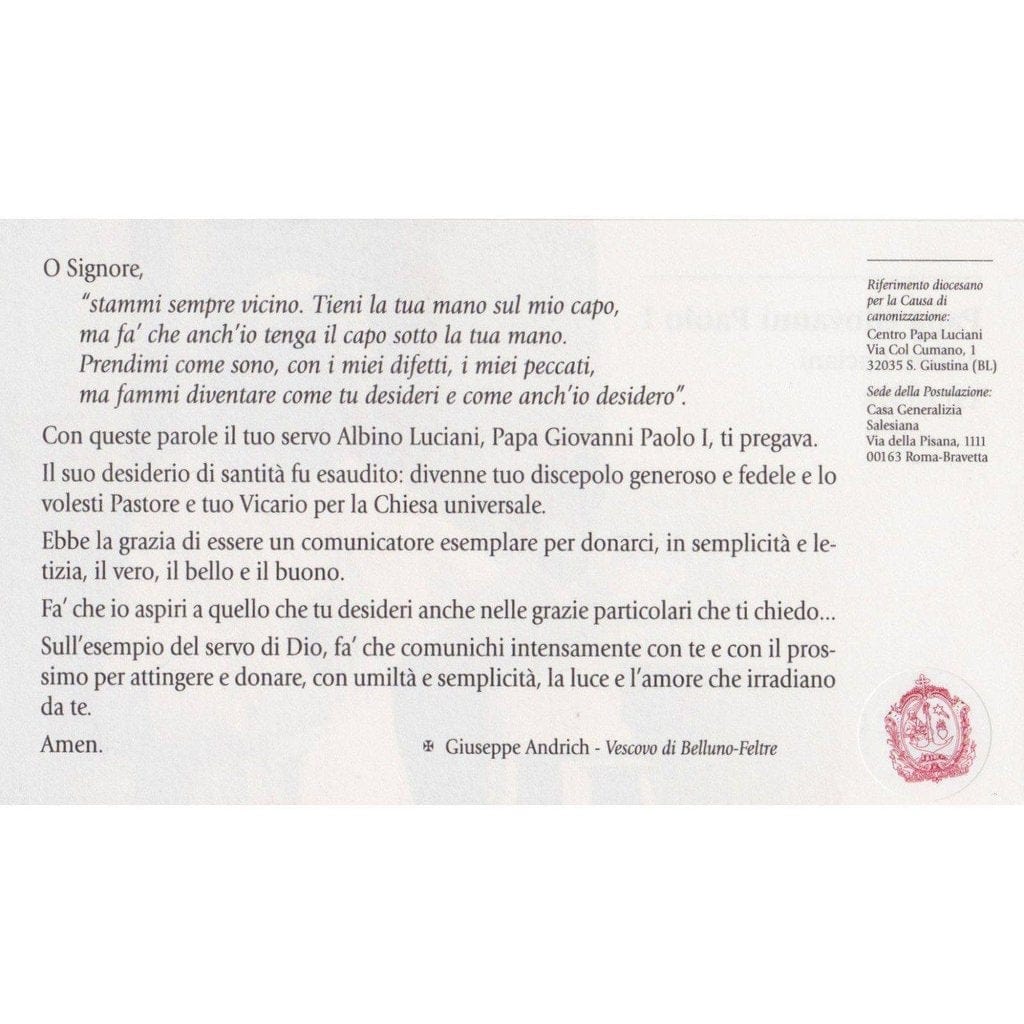 Pope John Paul I - Ultra Rare Holy Card With Ii Class Free Relic -Pope Albino | Catholically