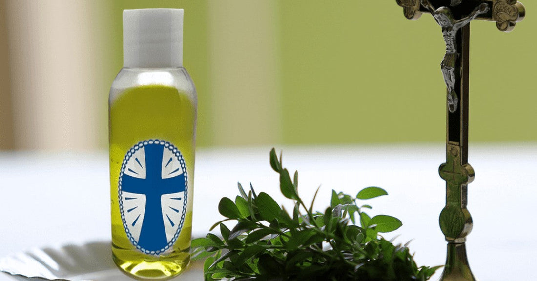 Bottle of holy oil beside a crucifix