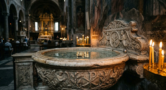 Holy water font inside a Roman Catholic basilica - Catholically