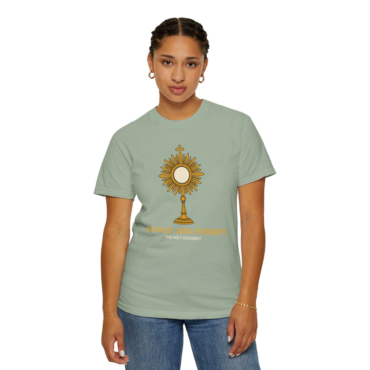 Camiseta «La Eucaristía, fuente y cumbre», camiseta católica con custodia, camiseta de adoración, regalo para la Primera Comunión