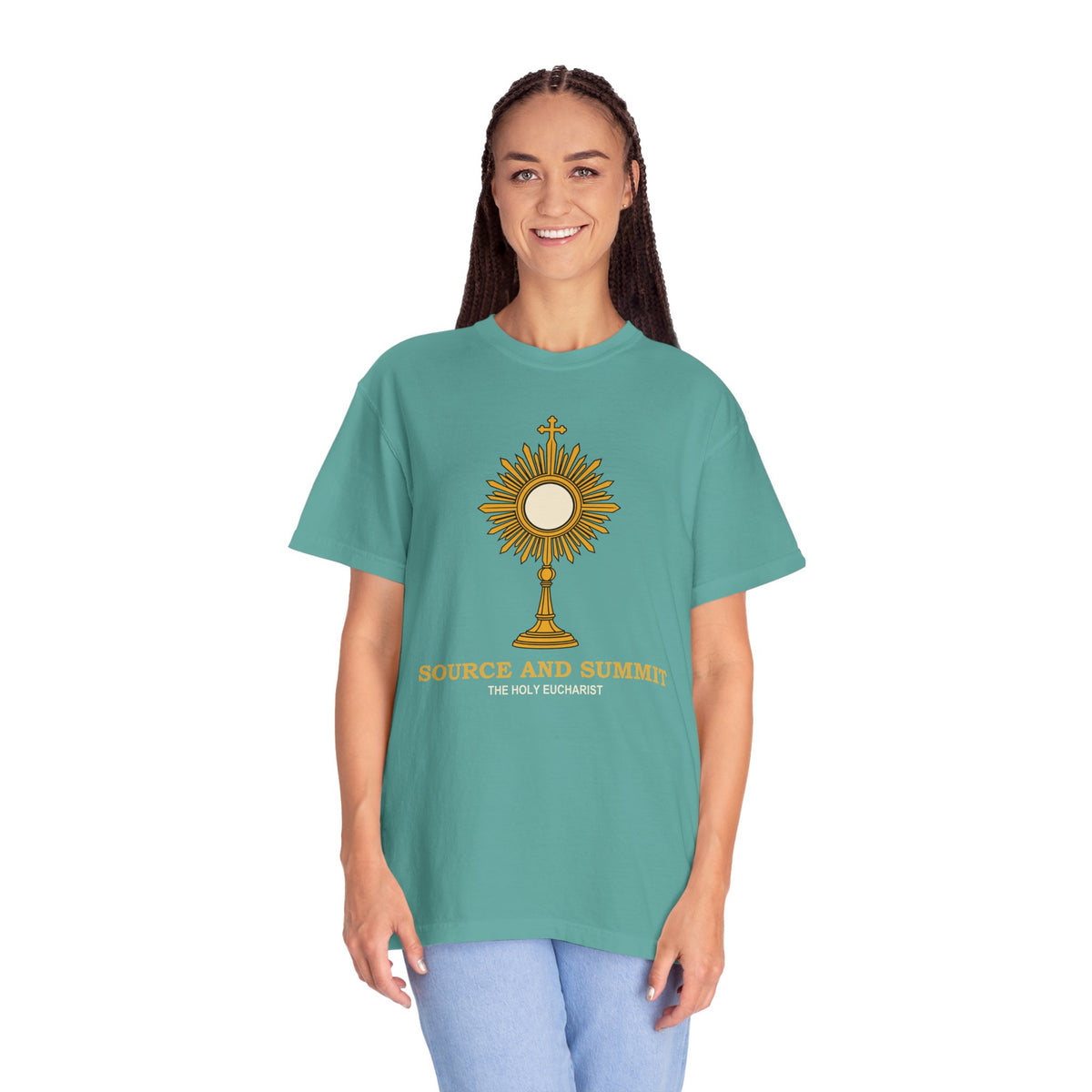 Camiseta «La Eucaristía, fuente y cumbre», camiseta católica con custodia, camiseta de adoración, regalo para la Primera Comunión
