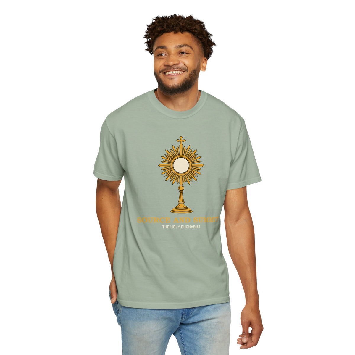 Camiseta «La Eucaristía, fuente y cumbre», camiseta católica con custodia, camiseta de adoración, regalo para la Primera Comunión