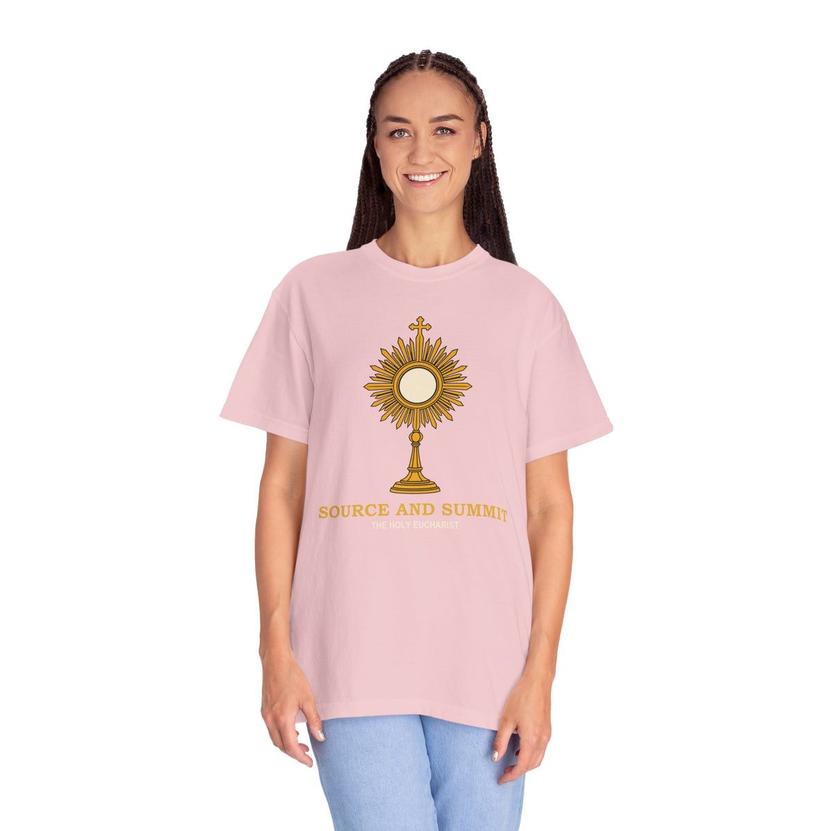 Camiseta «La Eucaristía, fuente y cumbre», camiseta católica con custodia, camiseta de adoración, regalo para la Primera Comunión