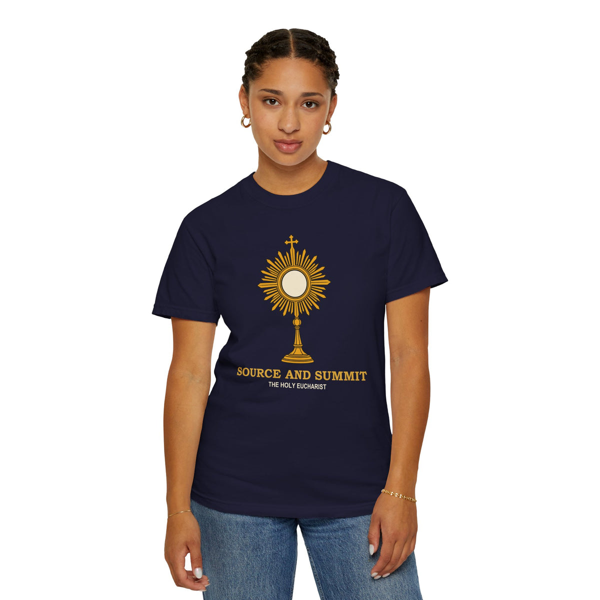 Camiseta «La Eucaristía, fuente y cumbre», camiseta católica con custodia, camiseta de adoración, regalo para la Primera Comunión
