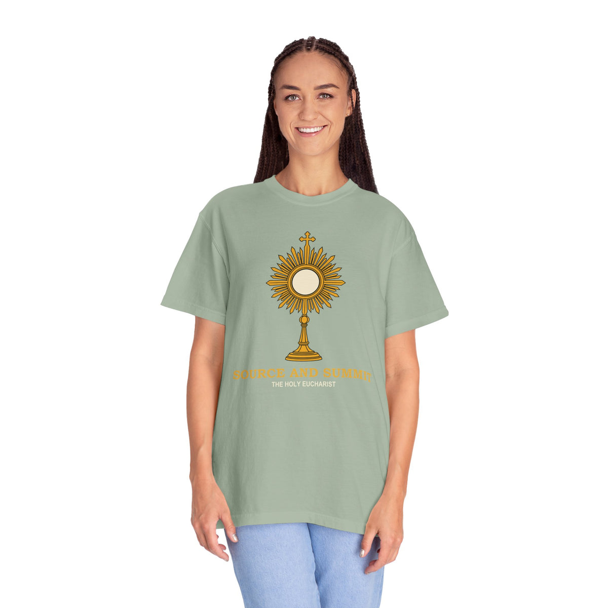 Camiseta «La Eucaristía, fuente y cumbre», camiseta católica con custodia, camiseta de adoración, regalo para la Primera Comunión