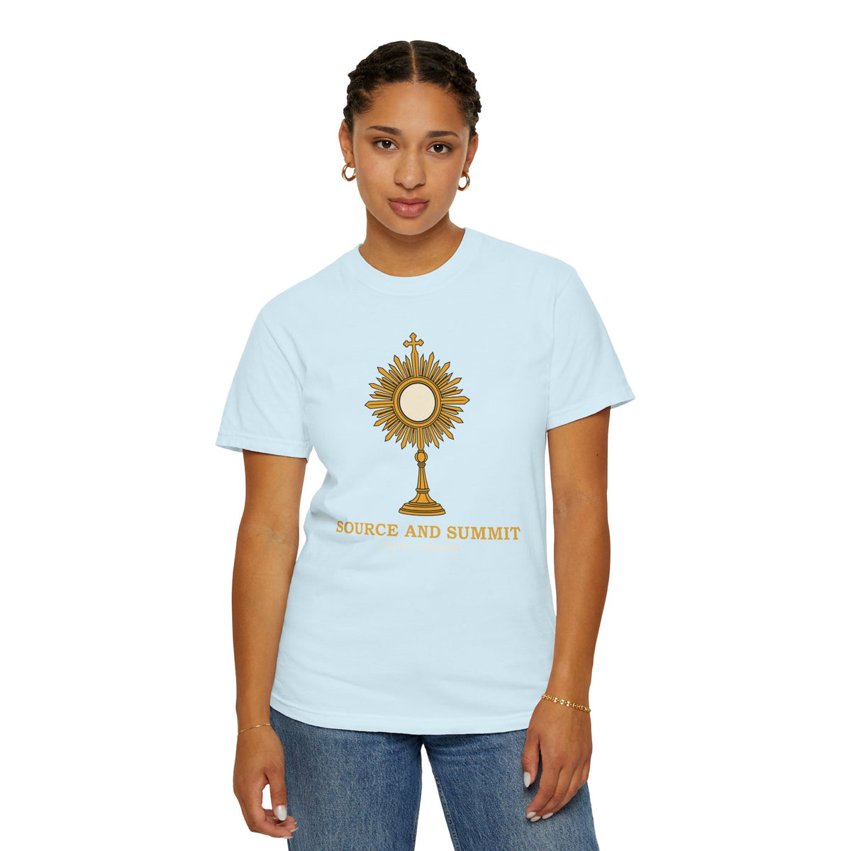 Camiseta «La Eucaristía, fuente y cumbre», camiseta católica con custodia, camiseta de adoración, regalo para la Primera Comunión