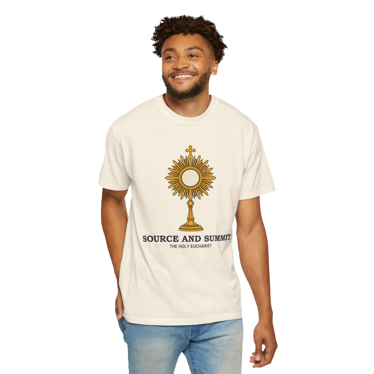 Camiseta «La Eucaristía, fuente y cumbre», camiseta católica con custodia, camiseta de adoración, regalo para la Primera Comunión