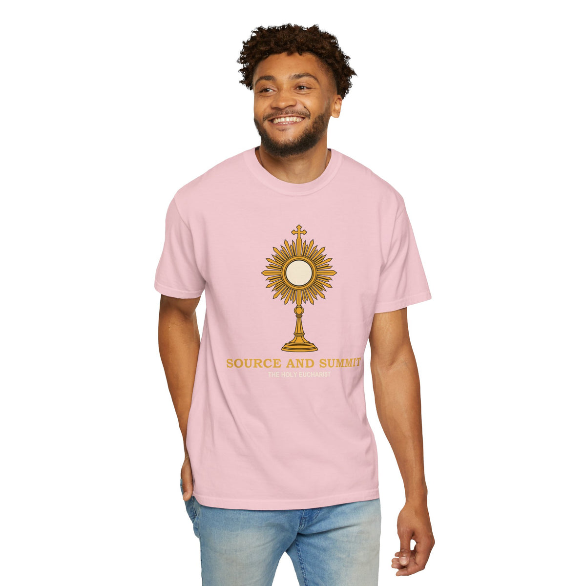 Camiseta «La Eucaristía, fuente y cumbre», camiseta católica con custodia, camiseta de adoración, regalo para la Primera Comunión