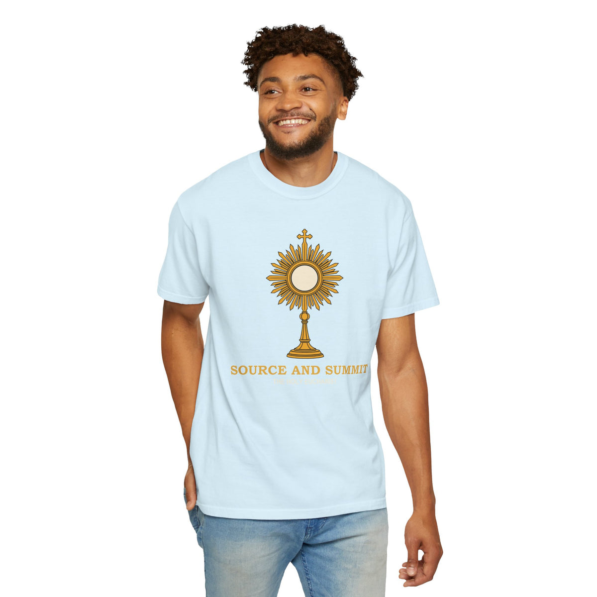 Camiseta «La Eucaristía, fuente y cumbre», camiseta católica con custodia, camiseta de adoración, regalo para la Primera Comunión