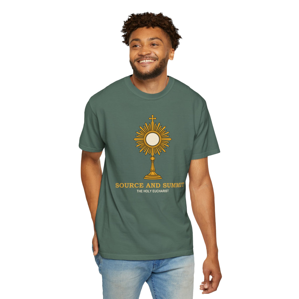 Camiseta «La Eucaristía, fuente y cumbre», camiseta católica con custodia, camiseta de adoración, regalo para la Primera Comunión