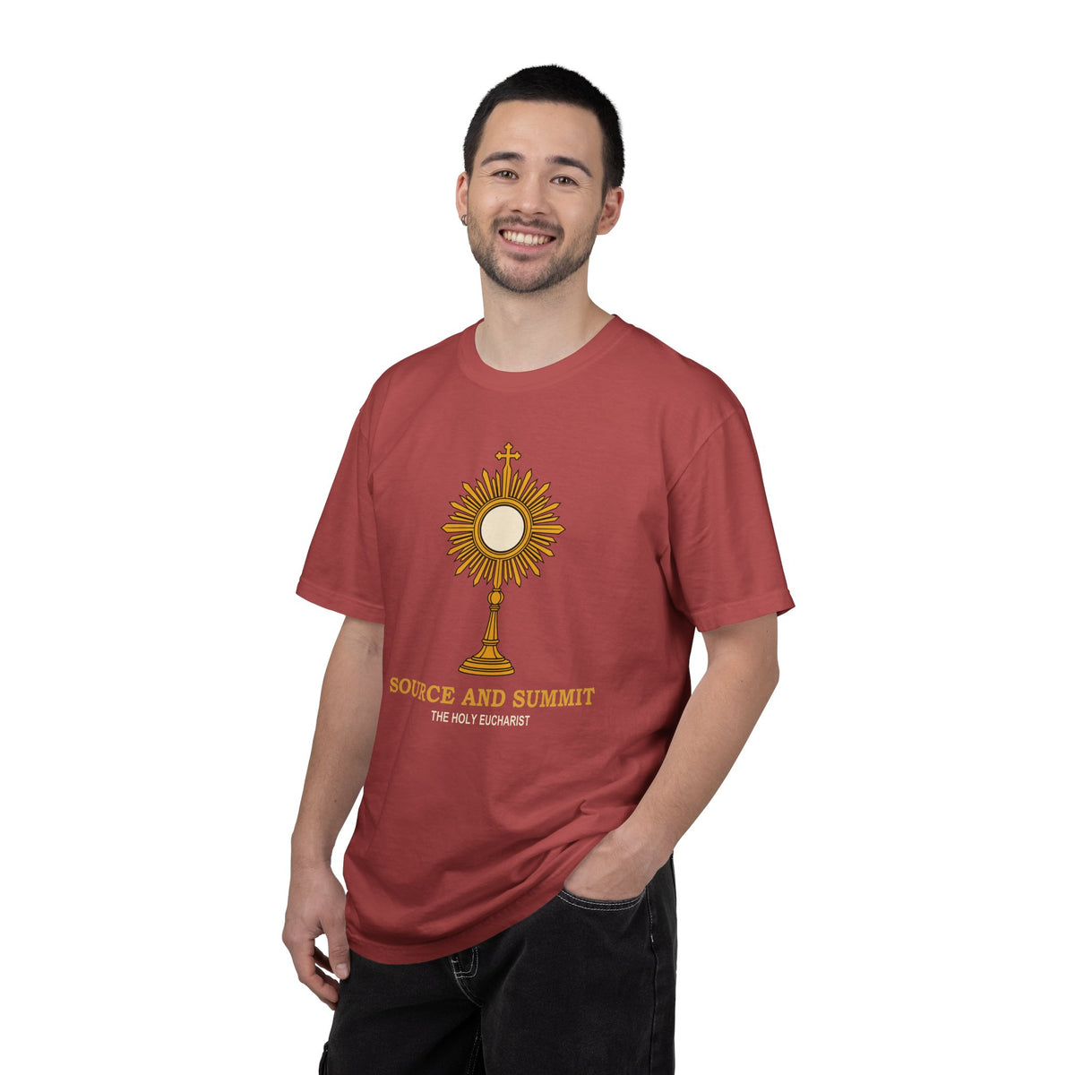Camiseta «La Eucaristía, fuente y cumbre», camiseta católica con custodia, camiseta de adoración, regalo para la Primera Comunión