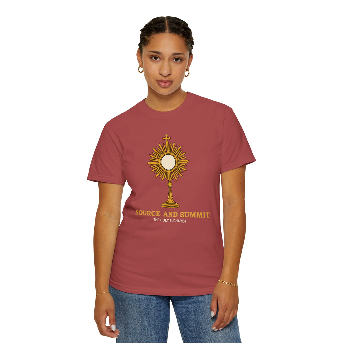 Camiseta «La Eucaristía, fuente y cumbre», camiseta católica con custodia, camiseta de adoración, regalo para la Primera Comunión