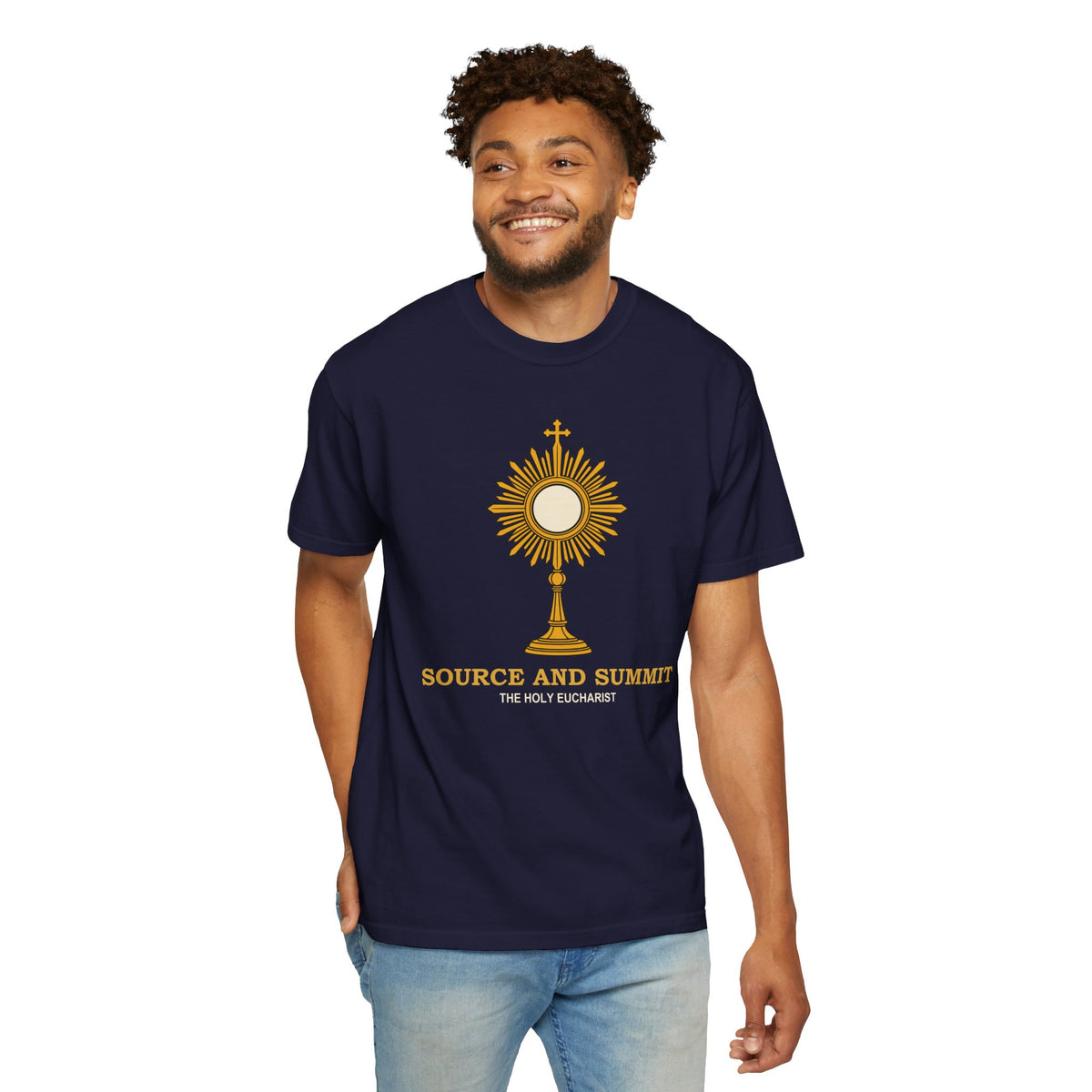 Camiseta «La Eucaristía, fuente y cumbre», camiseta católica con custodia, camiseta de adoración, regalo para la Primera Comunión