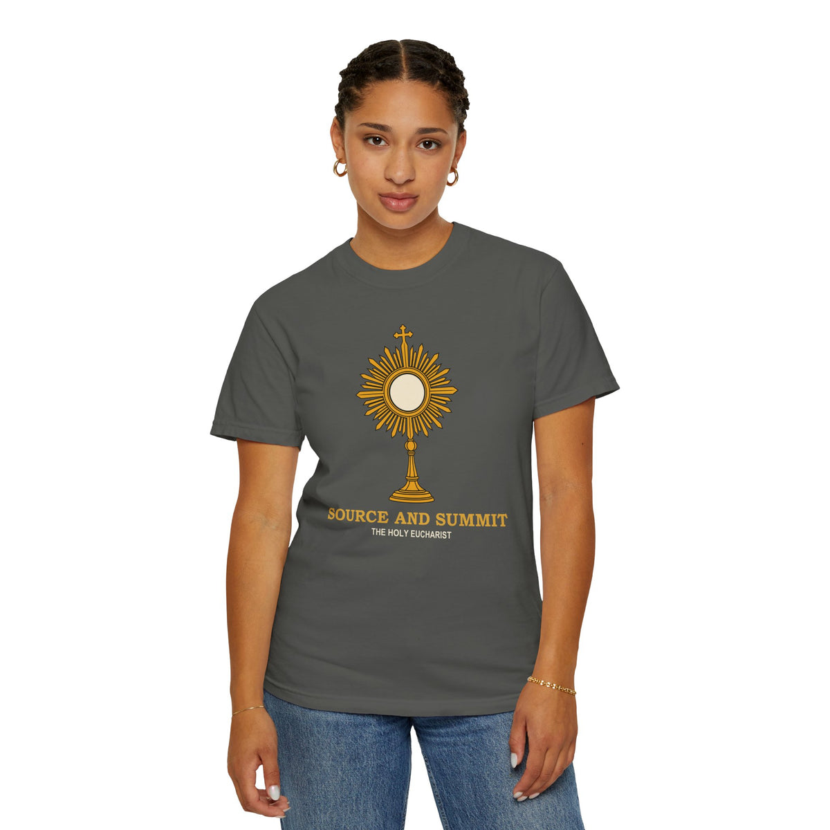 Camiseta «La Eucaristía, fuente y cumbre», camiseta católica con custodia, camiseta de adoración, regalo para la Primera Comunión