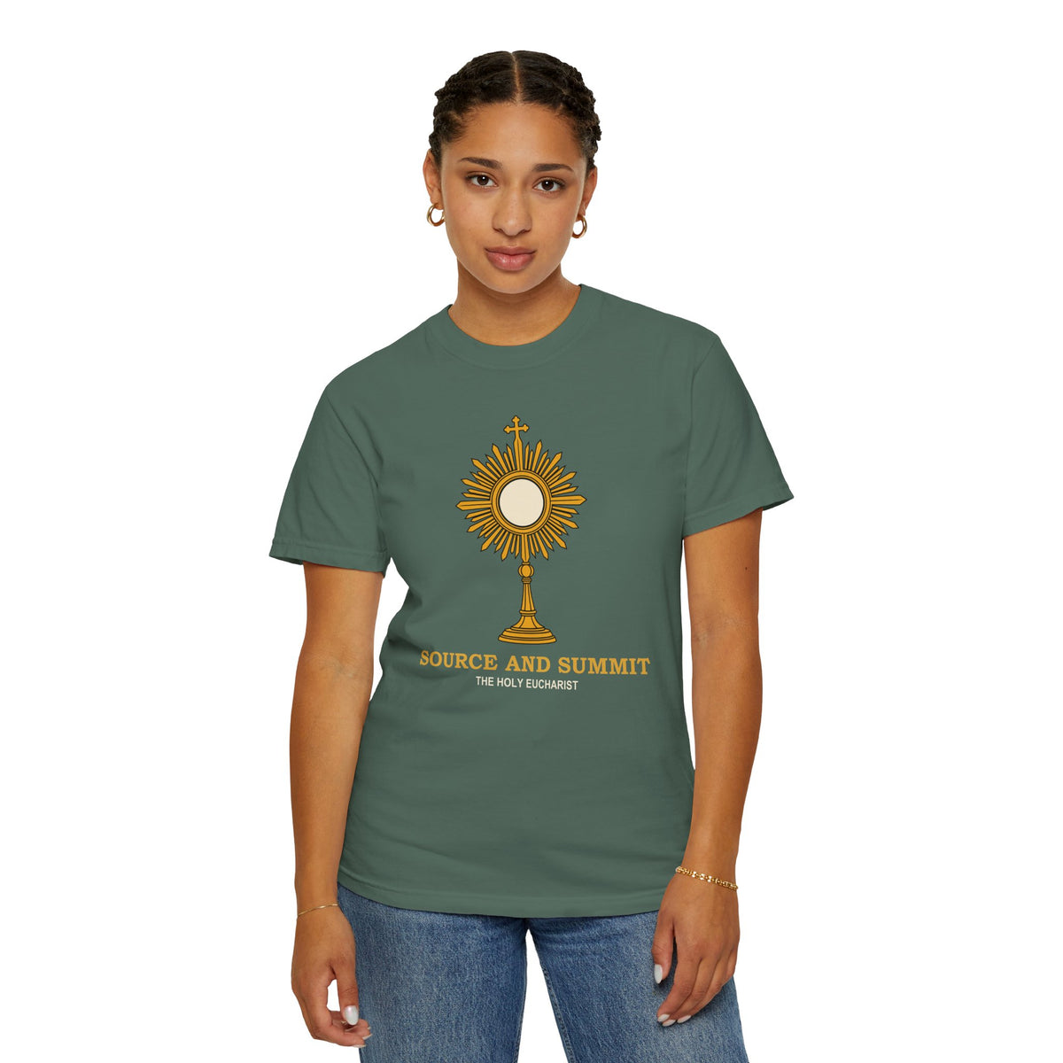 Camiseta «La Eucaristía, fuente y cumbre», camiseta católica con custodia, camiseta de adoración, regalo para la Primera Comunión