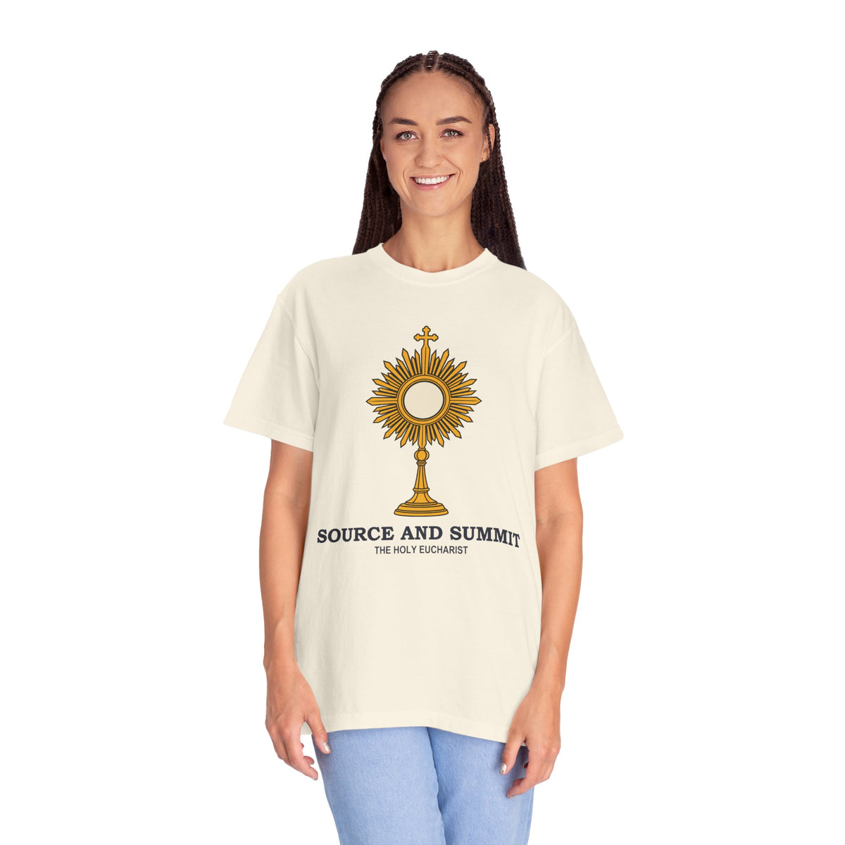 Camiseta «La Eucaristía, fuente y cumbre», camiseta católica con custodia, camiseta de adoración, regalo para la Primera Comunión