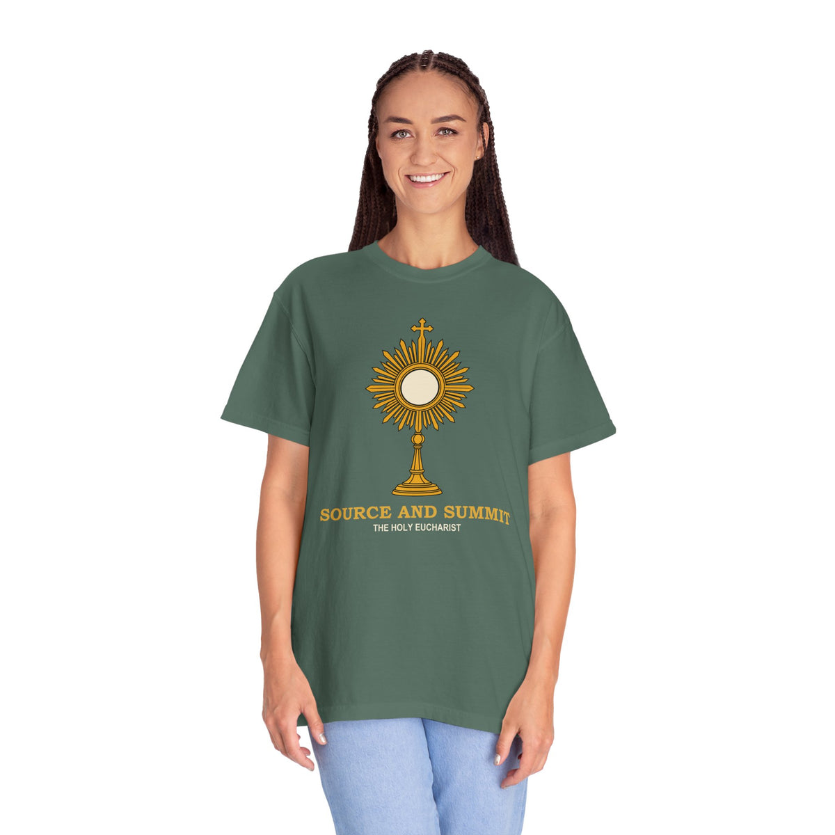 Camiseta «La Eucaristía, fuente y cumbre», camiseta católica con custodia, camiseta de adoración, regalo para la Primera Comunión