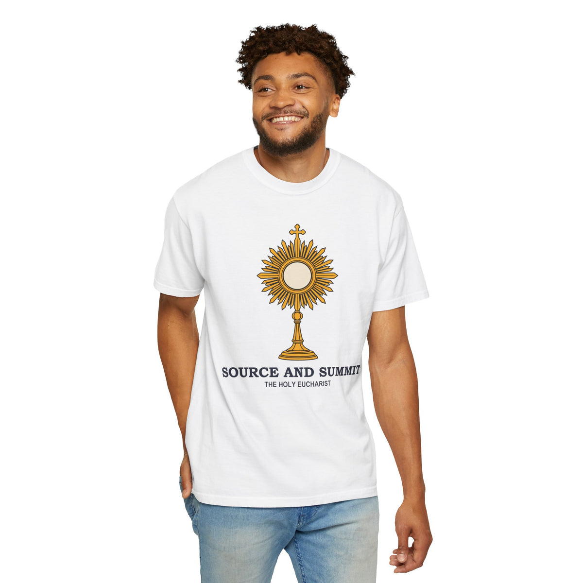 Camiseta «La Eucaristía, fuente y cumbre», camiseta católica con custodia, camiseta de adoración, regalo para la Primera Comunión