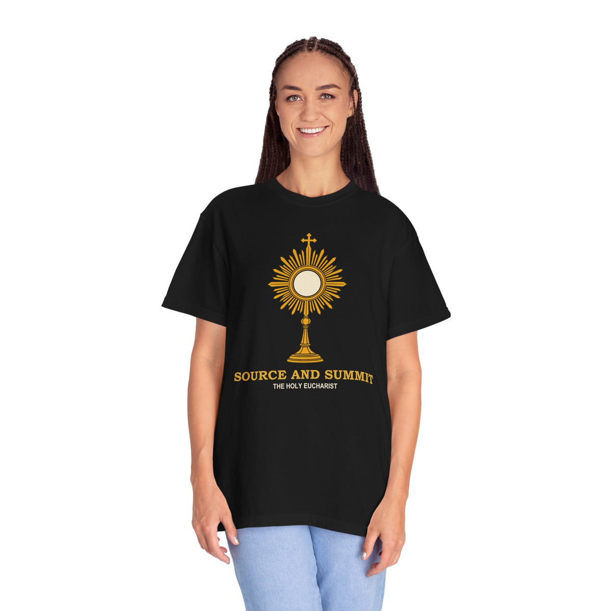 Camiseta «La Eucaristía, fuente y cumbre», camiseta católica con custodia, camiseta de adoración, regalo para la Primera Comunión