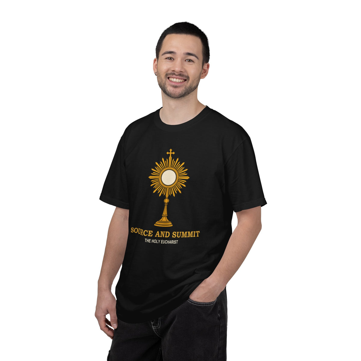 Camiseta «La Eucaristía, fuente y cumbre», camiseta católica con custodia, camiseta de adoración, regalo para la Primera Comunión