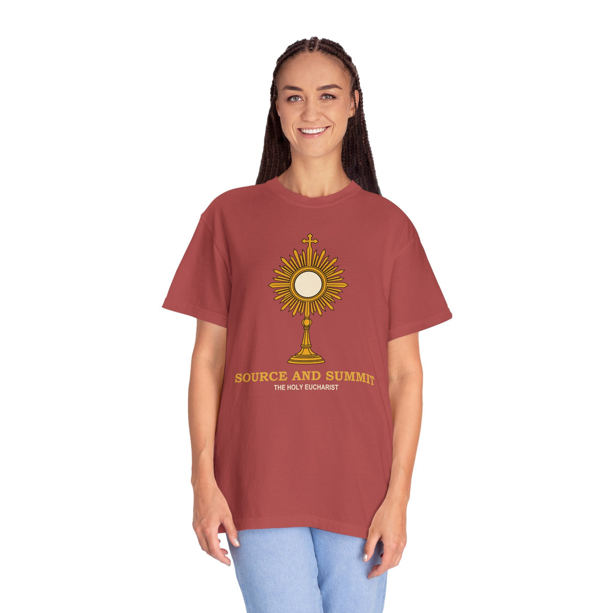Camiseta «La Eucaristía, fuente y cumbre», camiseta católica con custodia, camiseta de adoración, regalo para la Primera Comunión