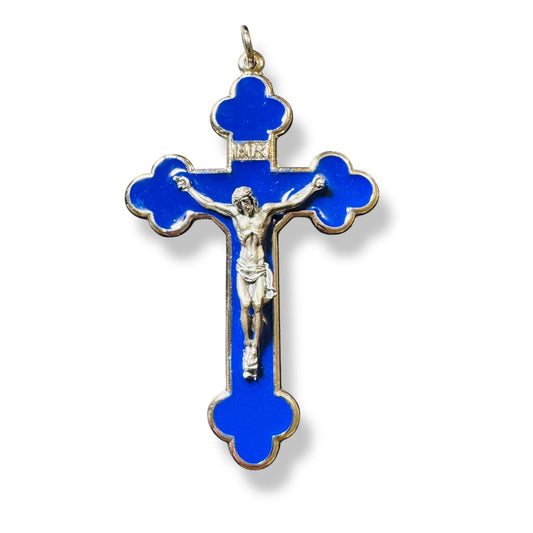 3" Blue Budded Pectoral Cross - Crucifix - Blessed By Pope - First Communion | Catholically