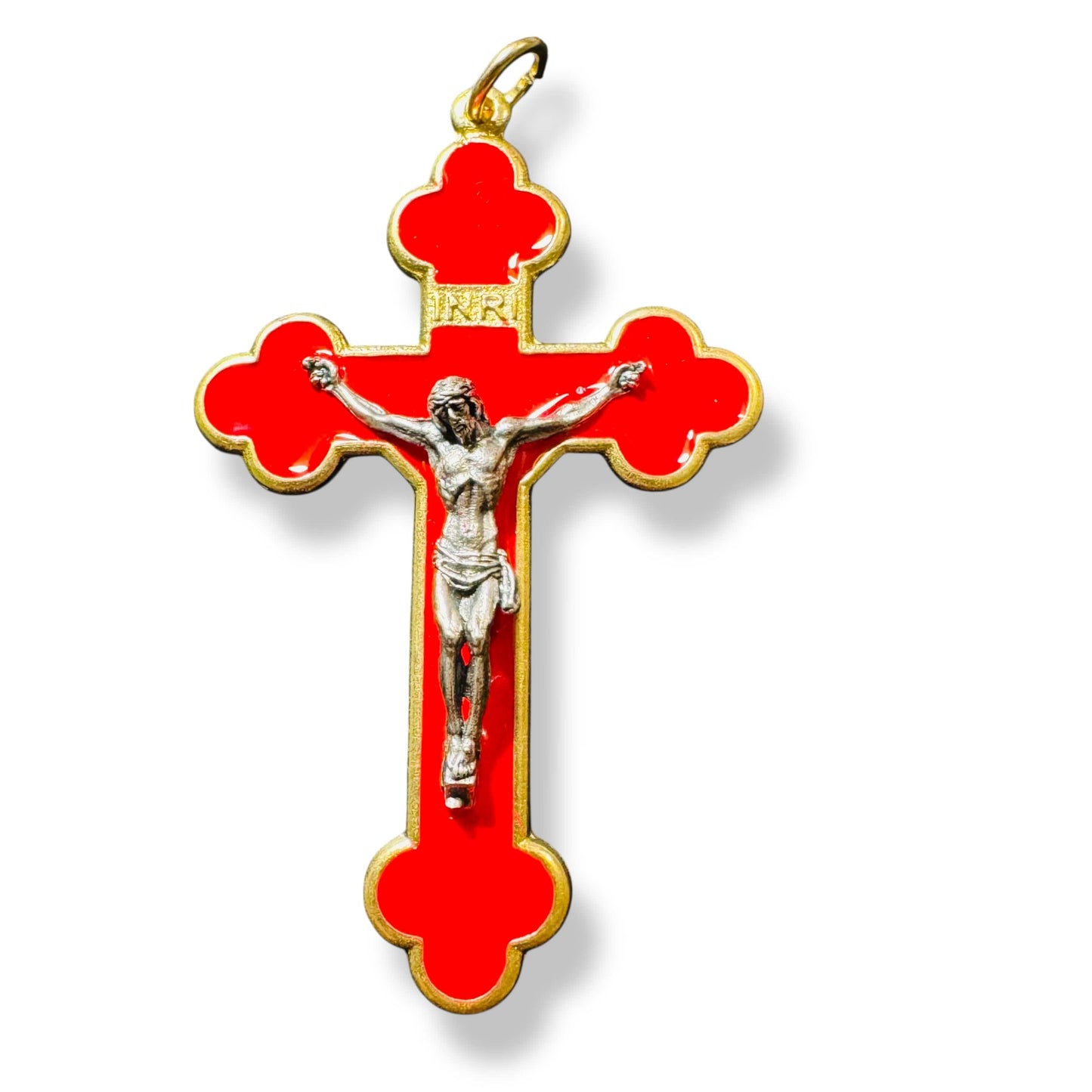 3" Red Budded Pectoral Cross - Crucifix - Blessed By Pope - First Communion | Catholically