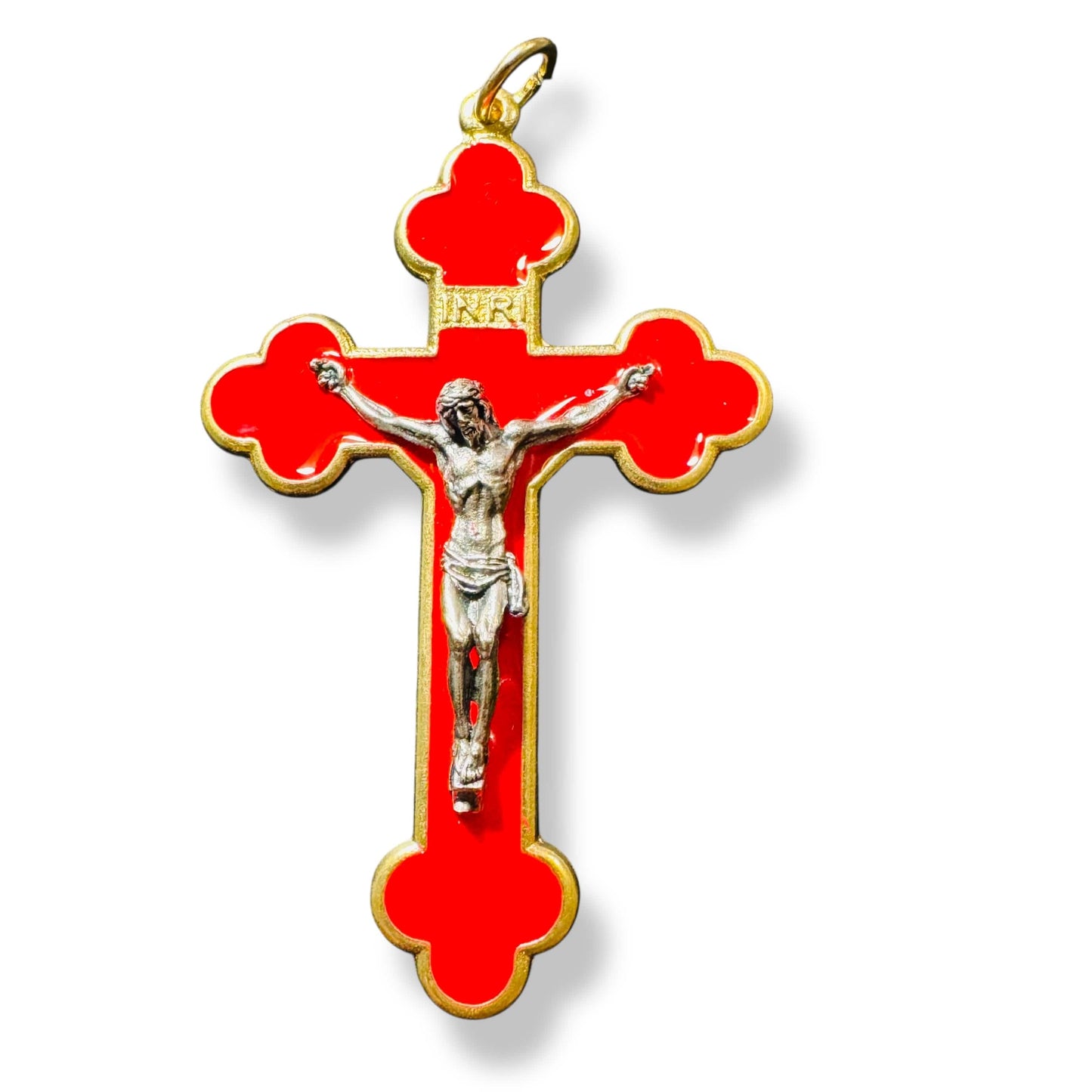 3" Red Budded Pectoral Cross - Crucifix - Blessed By Pope - First Communion | Catholically