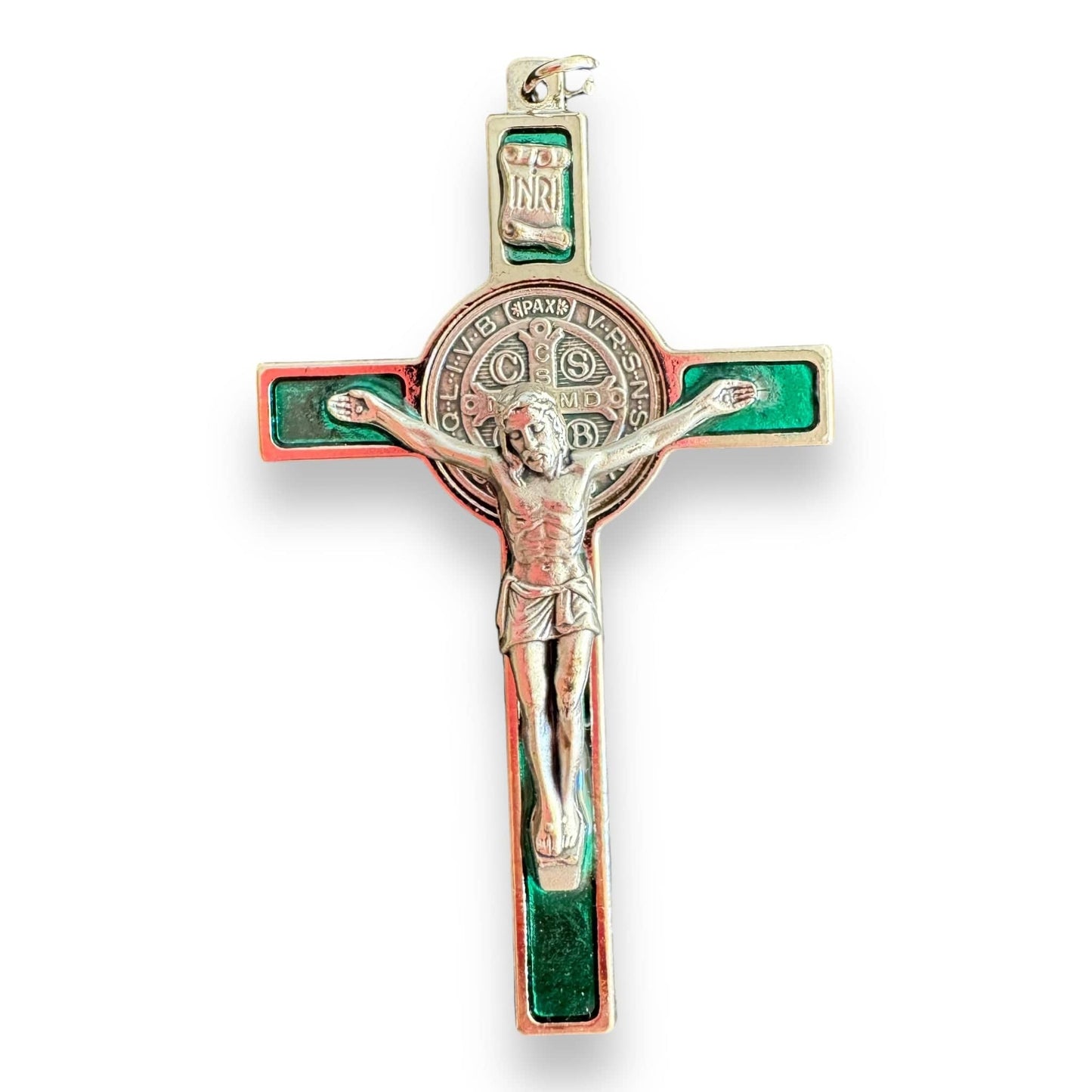 3" St. Benedict Crucifix with Green Enamel Inlay - Blessed By Pope | Catholically