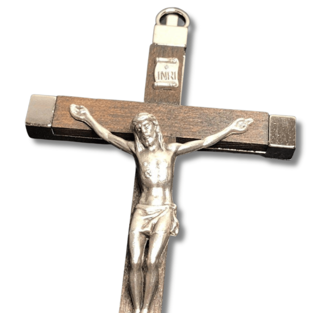 Handcrafted Italian Wooden Crucifix – 4.5" Dark Wood and Metal Inlays | Catholically