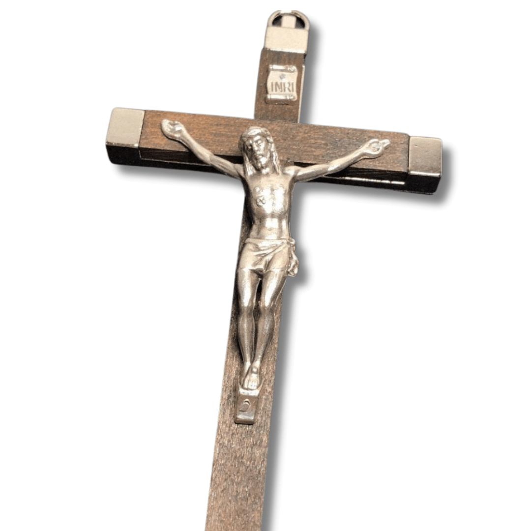 Handcrafted Italian Wooden Crucifix – 4.5" Dark Wood and Metal Inlays | Catholically