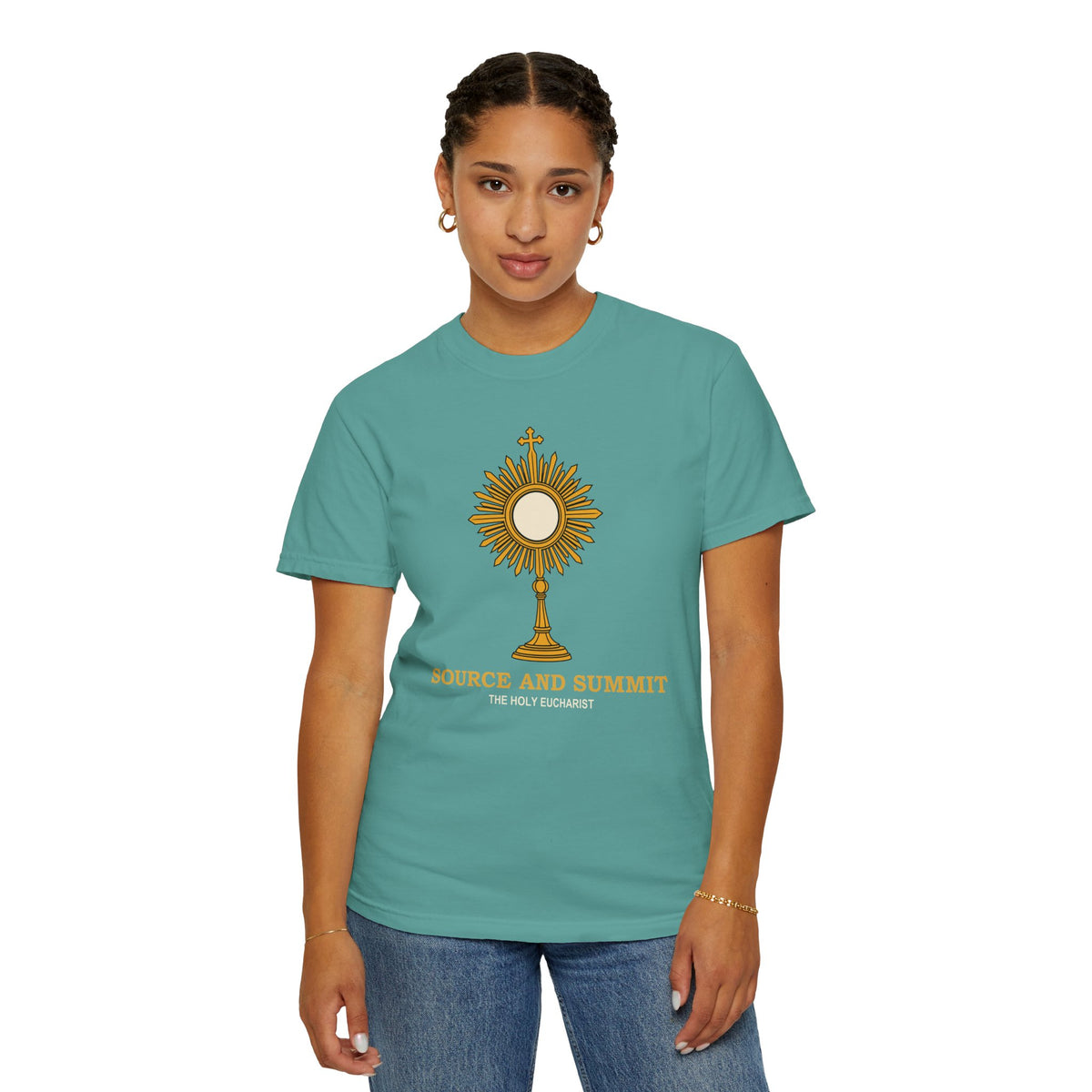 Camiseta «La Eucaristía, fuente y cumbre», camiseta católica con custodia, camiseta de adoración, regalo para la Primera Comunión