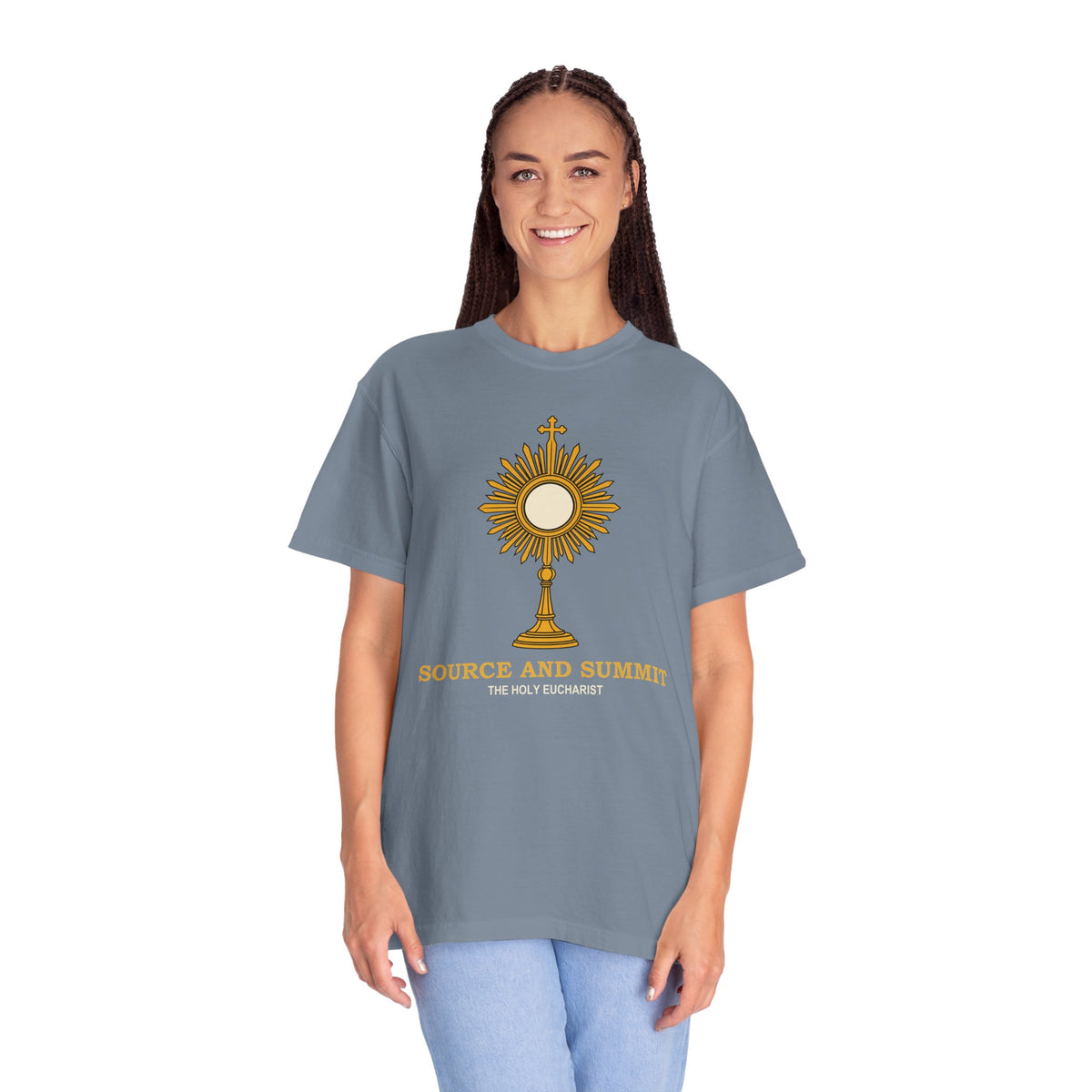Camiseta «La Eucaristía, fuente y cumbre», camiseta católica con custodia, camiseta de adoración, regalo para la Primera Comunión