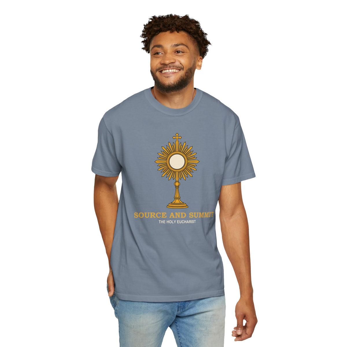 Camiseta «La Eucaristía, fuente y cumbre», camiseta católica con custodia, camiseta de adoración, regalo para la Primera Comunión