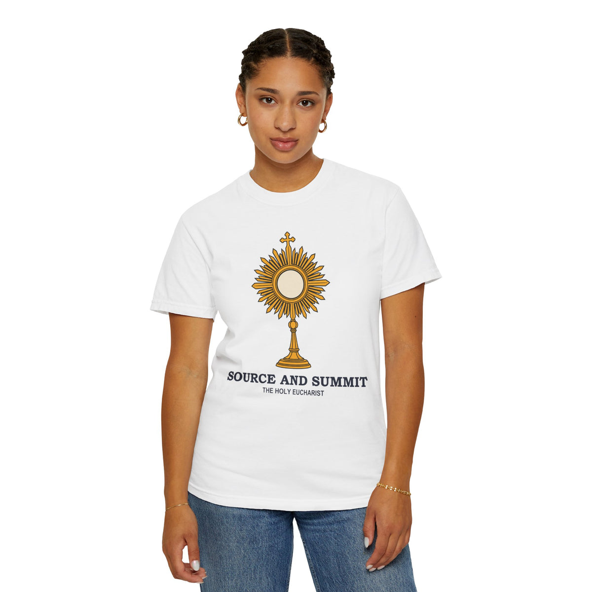 Camiseta «La Eucaristía, fuente y cumbre», camiseta católica con custodia, camiseta de adoración, regalo para la Primera Comunión
