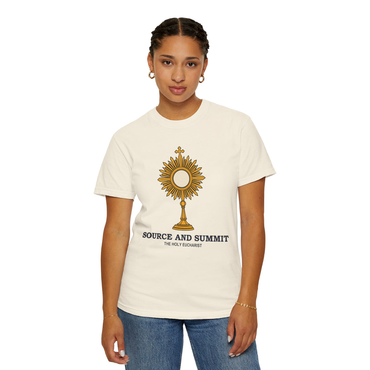 Camiseta «La Eucaristía, fuente y cumbre», camiseta católica con custodia, camiseta de adoración, regalo para la Primera Comunión
