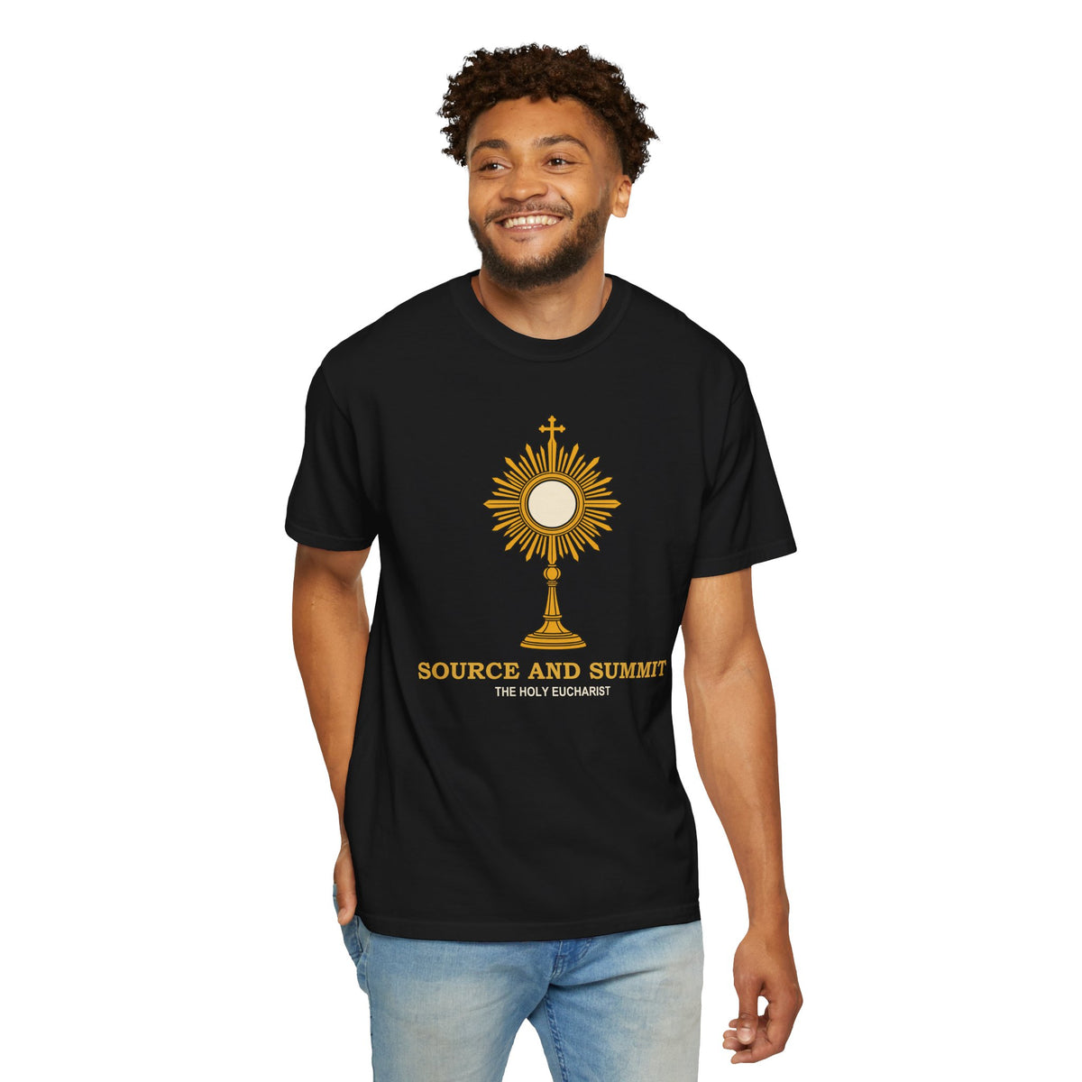 Camiseta «La Eucaristía, fuente y cumbre», camiseta católica con custodia, camiseta de adoración, regalo para la Primera Comunión
