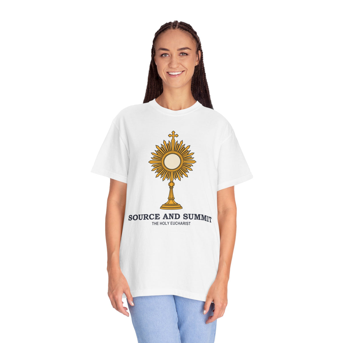 Camiseta «La Eucaristía, fuente y cumbre», camiseta católica con custodia, camiseta de adoración, regalo para la Primera Comunión