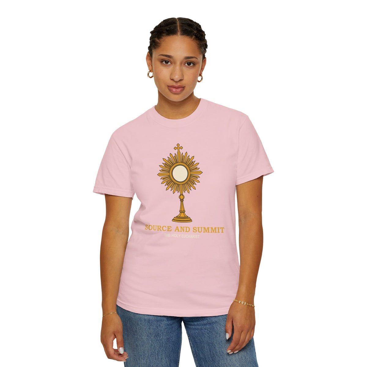 Camiseta «La Eucaristía, fuente y cumbre», camiseta católica con custodia, camiseta de adoración, regalo para la Primera Comunión