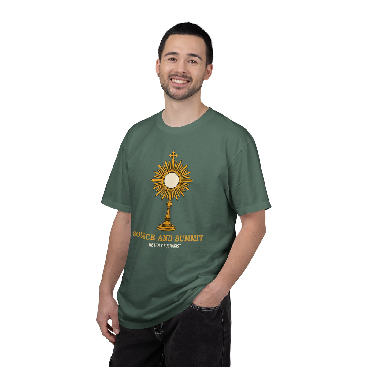 Camiseta «La Eucaristía, fuente y cumbre», camiseta católica con custodia, camiseta de adoración, regalo para la Primera Comunión
