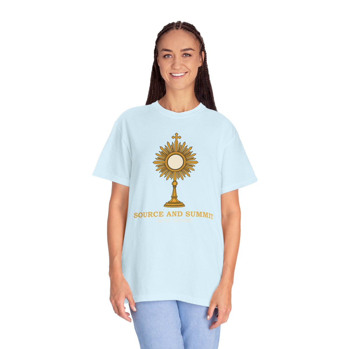 Camiseta «La Eucaristía, fuente y cumbre», camiseta católica con custodia, camiseta de adoración, regalo para la Primera Comunión