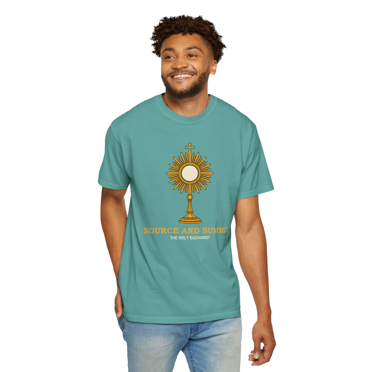 Camiseta «La Eucaristía, fuente y cumbre», camiseta católica con custodia, camiseta de adoración, regalo para la Primera Comunión
