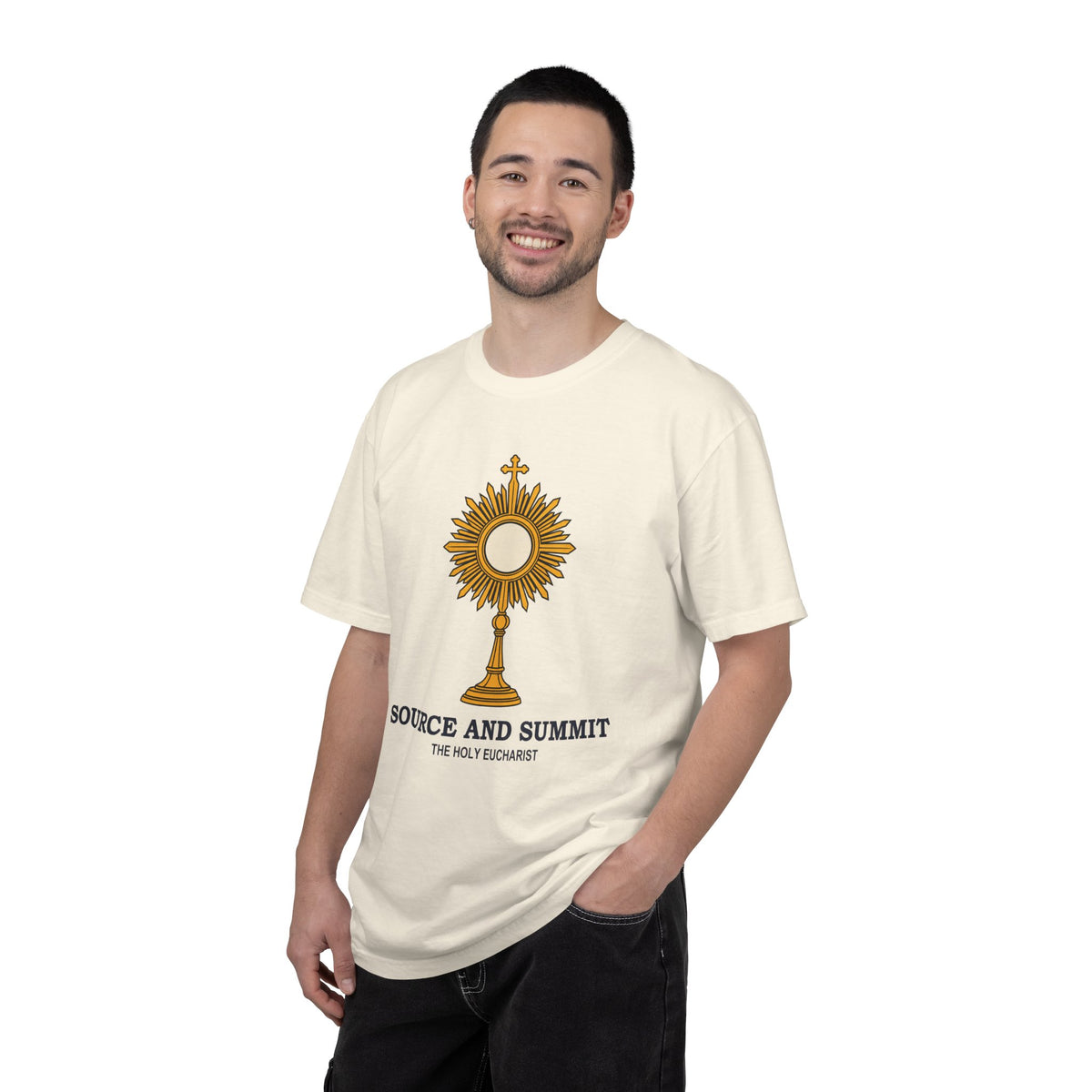 Camiseta «La Eucaristía, fuente y cumbre», camiseta católica con custodia, camiseta de adoración, regalo para la Primera Comunión