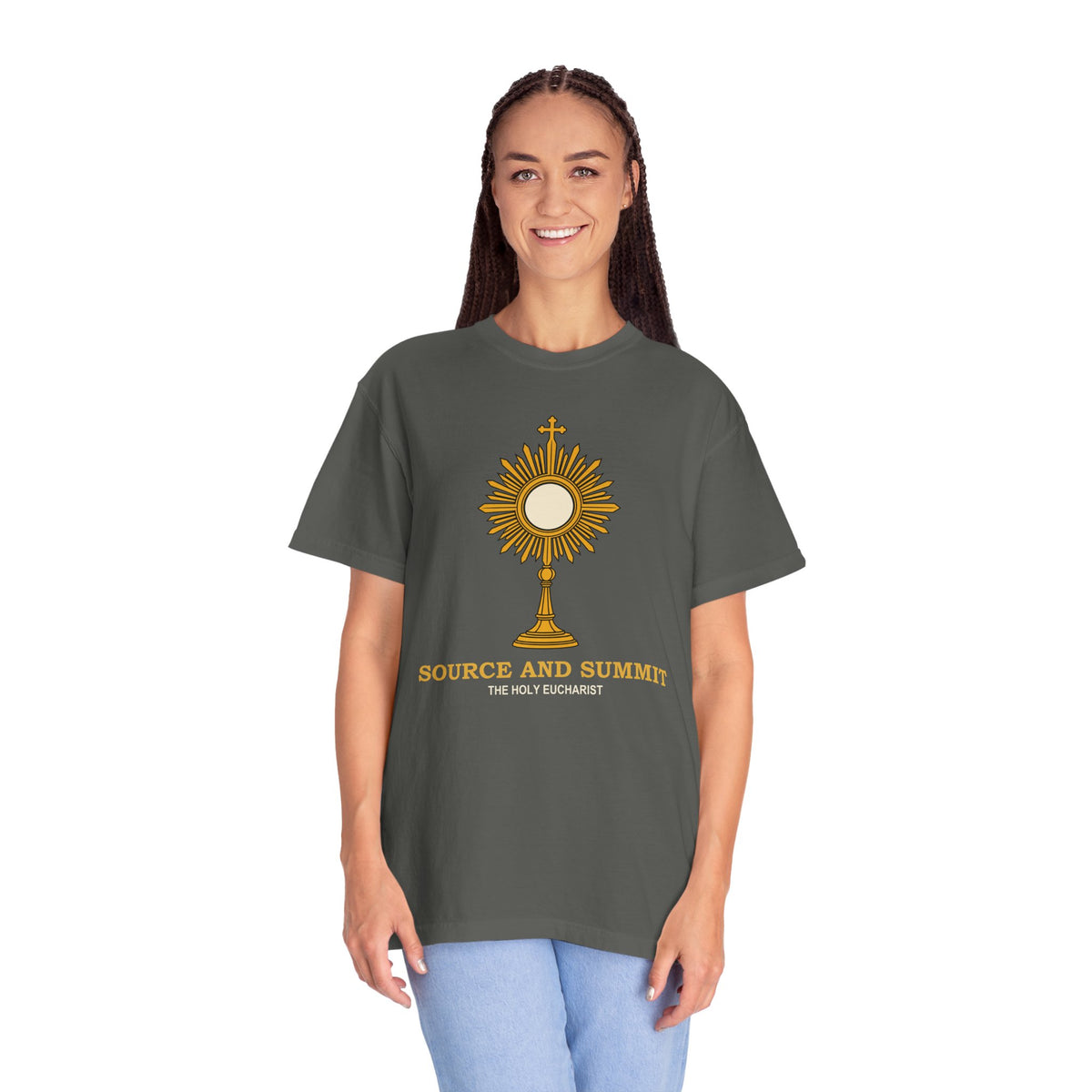 Camiseta «La Eucaristía, fuente y cumbre», camiseta católica con custodia, camiseta de adoración, regalo para la Primera Comunión