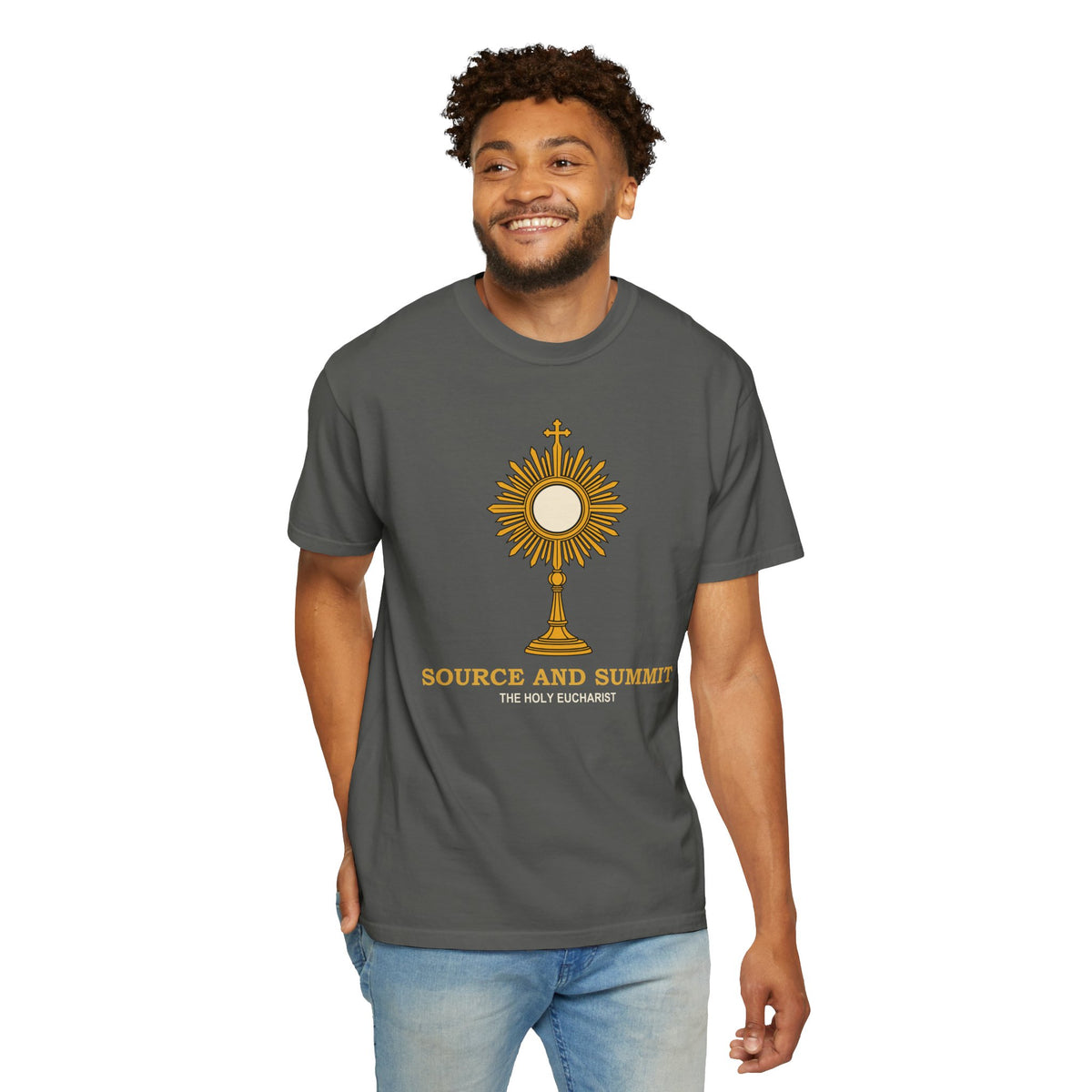 Camiseta «La Eucaristía, fuente y cumbre», camiseta católica con custodia, camiseta de adoración, regalo para la Primera Comunión