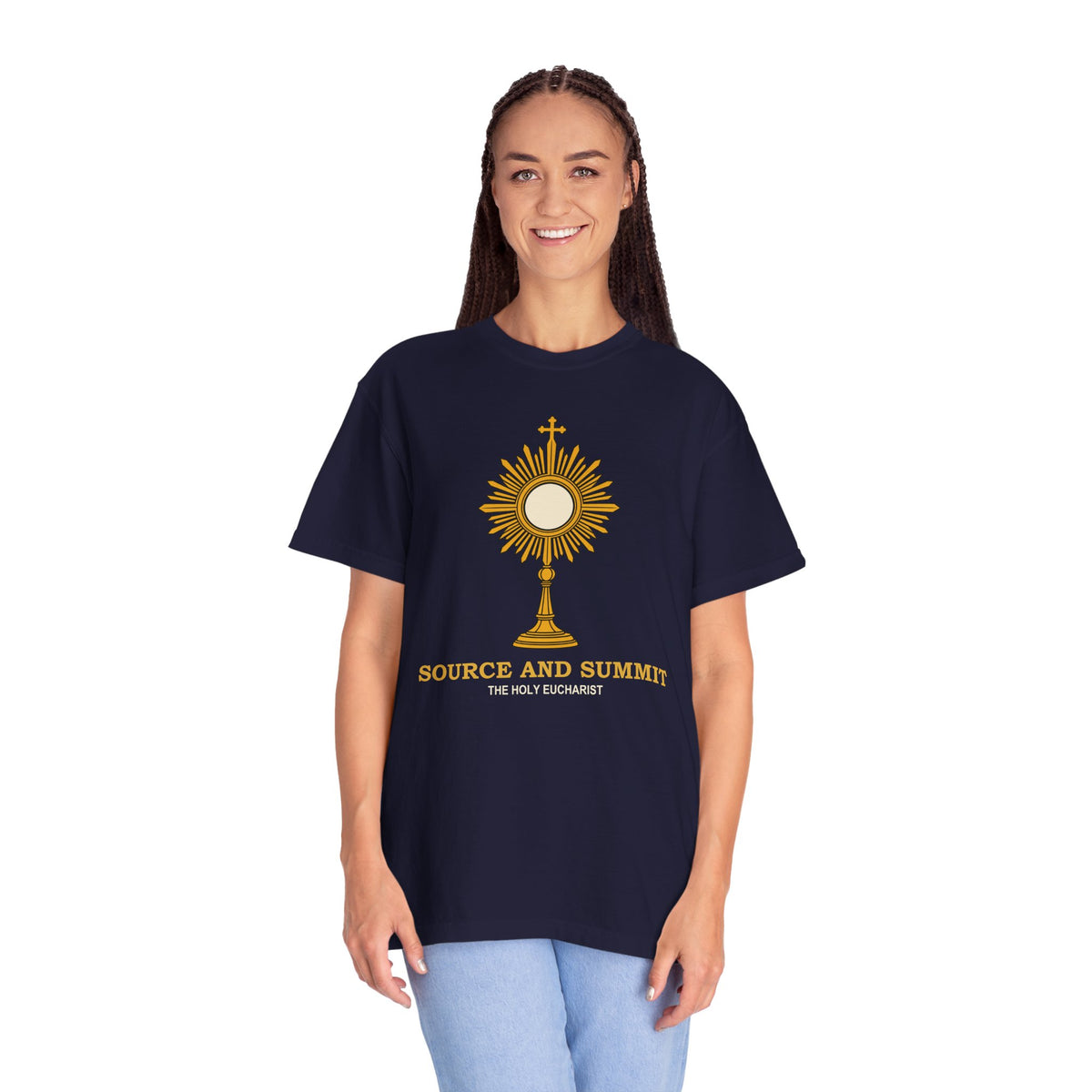 Camiseta «La Eucaristía, fuente y cumbre», camiseta católica con custodia, camiseta de adoración, regalo para la Primera Comunión