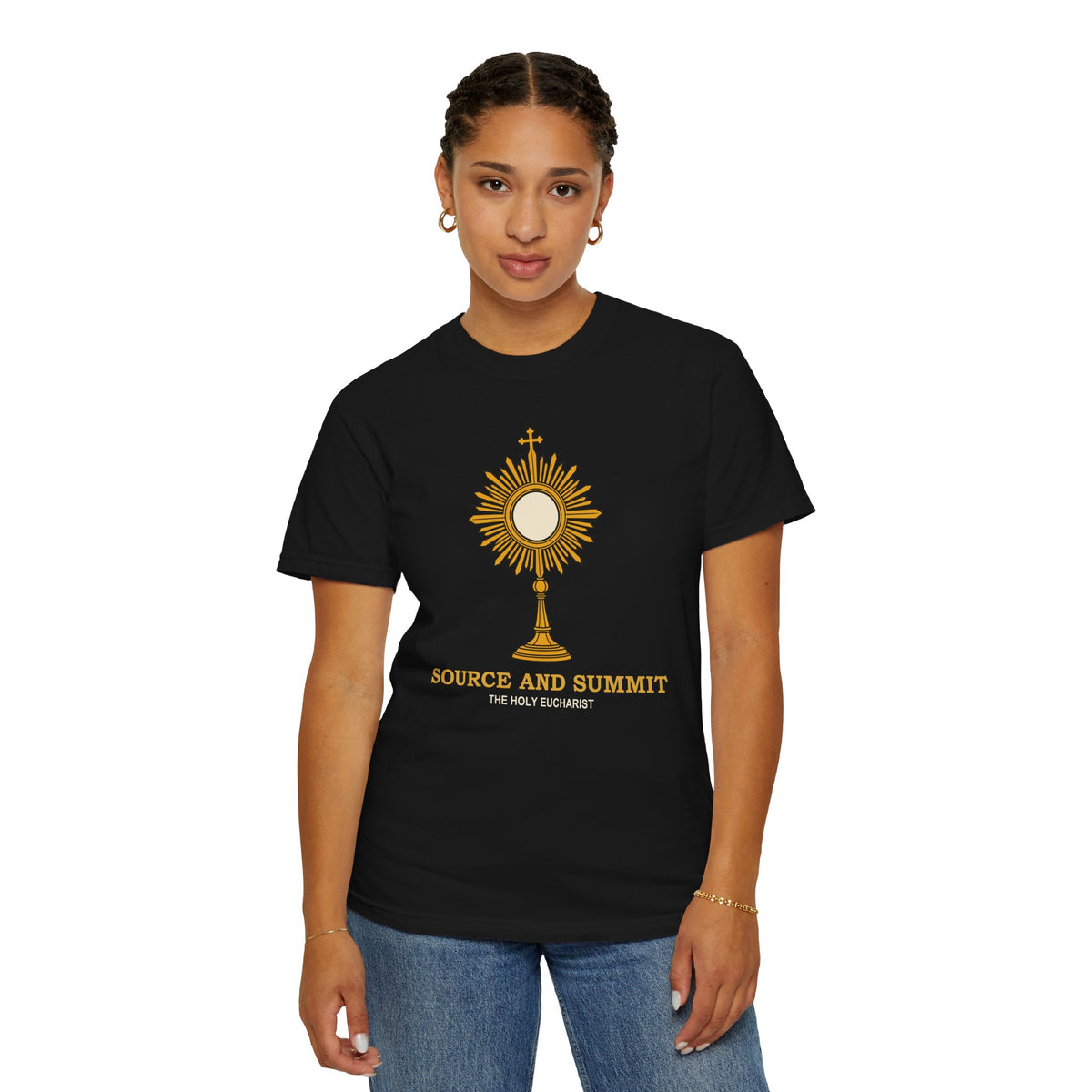 Camiseta «La Eucaristía, fuente y cumbre», camiseta católica con custodia, camiseta de adoración, regalo para la Primera Comunión