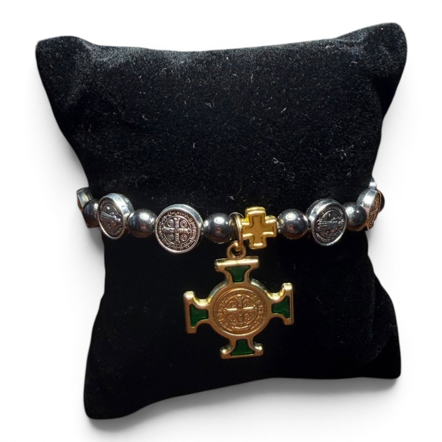Bracelet Saint Benoît - Pendentif croix argentée et dorée